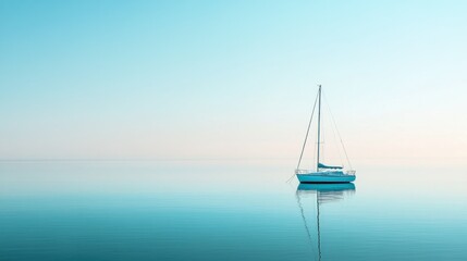 A light blue sailboat peacefully floating on calm waters under a clear sky, evoking a sense of freedom and tranquility.