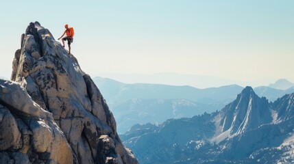 Obraz premium A climber stands triumphantly atop a jagged mountain peak, with layers of rugged landscapes unfolding into the horizon.