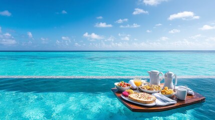 A luxurious breakfast spread floating on a tray in a private infinity pool, with the turquoise ocean as the backdrop, offering a taste of the Maldivian lifestyle.