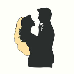 a man and a woman in a romantic embrace. The man is on the right side of the image, with his head tilted back and his hand resting on the woman's