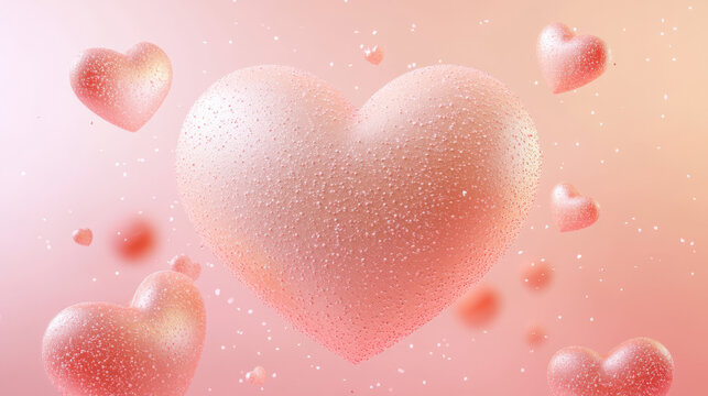 A large, central heart with a matte finish, surrounded by smaller hearts in metallic hues. The background is a soft gradient from ligh