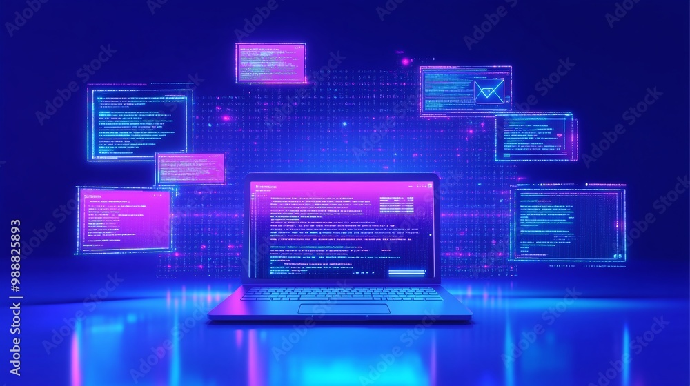 Poster modern laptop displaying colorful coding interface, digital elements in background. email marketing 