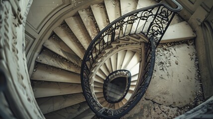 Fototapeta premium A spiraling staircase with ornate iron railings descends into an abandoned, dilapidated building filled with an eerie sense of history and decay.