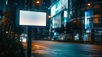 A vibrant night cityscape featuring a prominently lit blank billboard and blurred city lights, capturing urban life and nocturnal energy.