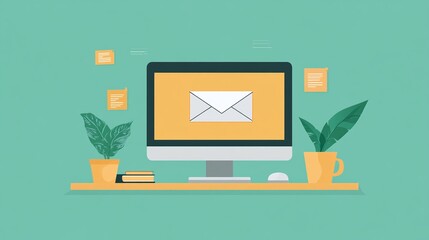 Modern workspace with a computer, plants, and sticky notes, on a turquoise background. Email Marketing concept.