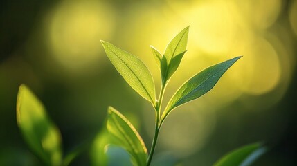 A macro shot of a green plant stem and leaves, illuminated by soft natural light with a blurred green background.