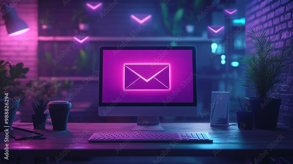 Aufkleber modern workspace with neon email notifications on computer screen. email marketing concept.