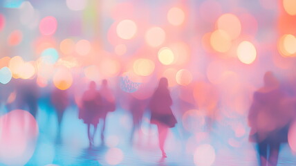 Abstract blurred Tokyo night scene with colorful neon bokeh lights and silhouettes