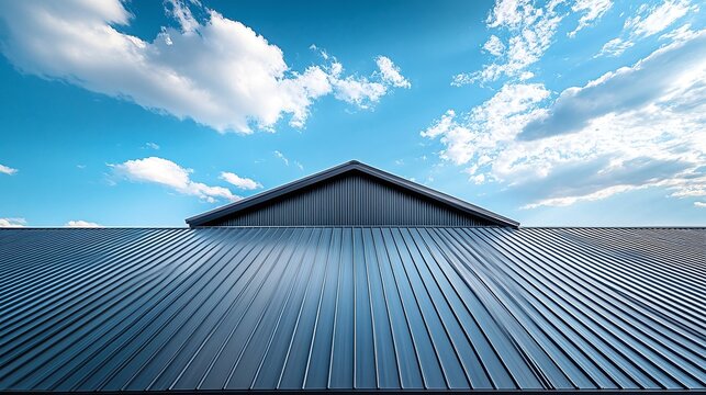 industrial metal roof on a modern warehouse building with a clear sky view showcasing strong and durable construction perfect for exterior protection and industrial facilities