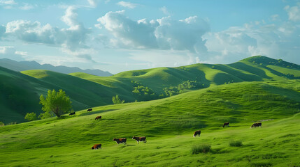 Fototapeta premium Serene Rolling Hills with Grazing Cattle