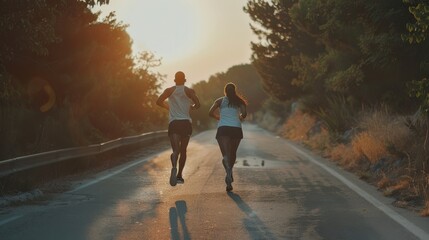 Two people jog along a sunlit road lined with trees, showcasing an active and healthy lifestyle during a golden hour run.