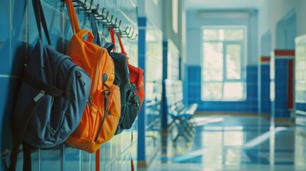 School corridor with backpacks hanging on hooks along colorful, tiled walls bathed in gentle light.