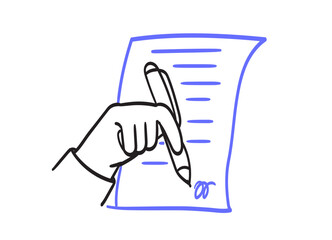 Hands hold pen and write on paper icon. Person write letter, sign document. The concept of agreement, notarization of document, signing contract. Vector illustration in line doodle simple style.