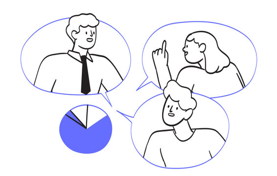 rporate team online meeting and project, plans, strategies discussion concept. People in speech bubbles talk about work, duties and manage working process. Successful partnership vector illustration
