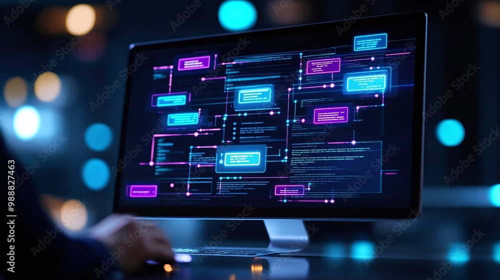 Poster person interacting with dynamic programming interface on screen. email marketing concept.