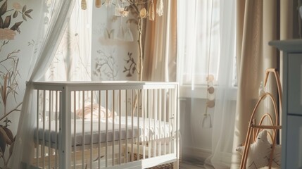 A beautifully decorated baby nursery with soft natural light, exuding warmth and gentle care.