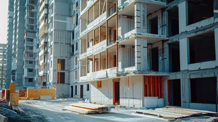 Obraz premium A bustling construction site with multiple high-rise buildings progressing at various stages, construction materials and machinery scattered around.