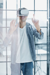 Businessman using vr glasses to view educational material and financial documents