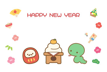 年賀状デザイン、巳年のヘビとダルマと鏡餅と縁起物のベクターイラスト02
