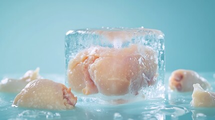 Fototapeta premium Chicken thighs frozen in a large ice cube on a blue background.