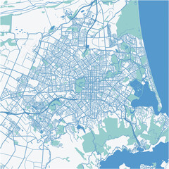 Map of Christchurch in New Zealand in a professional blue style. Contains layered vector with roads water, parks, etc.