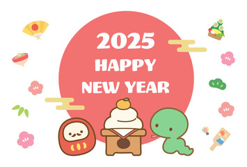 2025年の年賀状デザイン、巳年のヘビとダルマと鏡餅と初日の出のベクターイラスト03