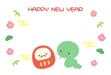 年賀状デザイン、巳年のヘビとダルマと鏡餅と縁起物のベクターイラスト0203