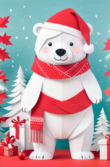 Papercraft polar bear wearing with Santa hat and red scarf, winter scene with snowflakes, red and white trees, and gift boxes. Merry Christmas greetings card
