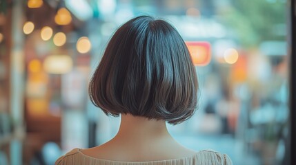 Fototapeta premium back view soft-focus portrait of a young woman with a stylish bob haircut highlighting sleek hair and graceful feminine beauty in a delicate silhouette