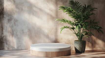 minimalistic round podium on richly textured wooden surface with lush green plant in the background creating a stylish presentation of modern design and natural decor