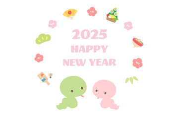 2025年の年賀状デザイン、巳年のヘビと縁起物のフレームのベクターイラスト