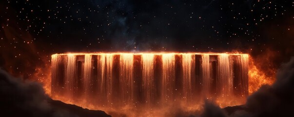 Ancient temple suspended above a canyon, with glowing waterfalls cascading down into a misty abyss, illuminated by the light of countless fireflies