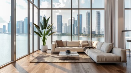 A bright, spacious modern living room featuring a white sofa set, a large indoor plant, and floor-to-ceiling windows offering a stunning cityscape view.