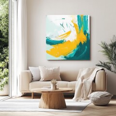 A painting of a yellow and blue swirl is hanging on a wall in a living room. The room has a couch and a coffee table