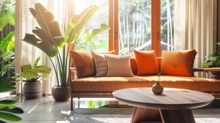 A sunlit room featuring an orange sofa with various pillows, set amidst large green plants, evoking a tropical and inviting atmosphere.