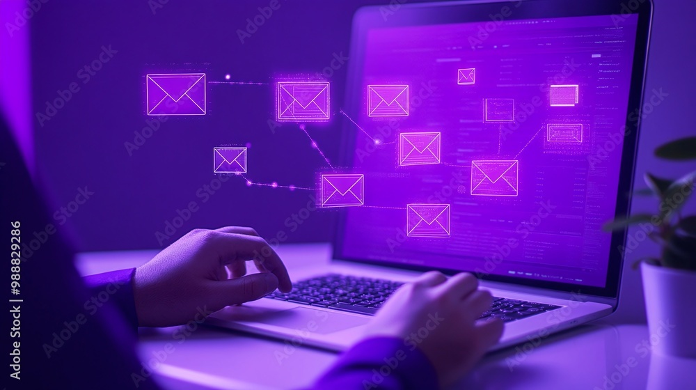 Poster user interacting with laptop displaying email notifications. email marketing concept.
