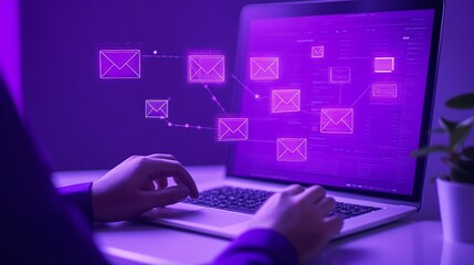 User interacting with laptop displaying email notifications. Email Marketing concept.