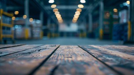 A blurred view of a spacious, dimly lit warehouse with wooden floorboards in the foreground and industrial lights casting a soft glow overhead.