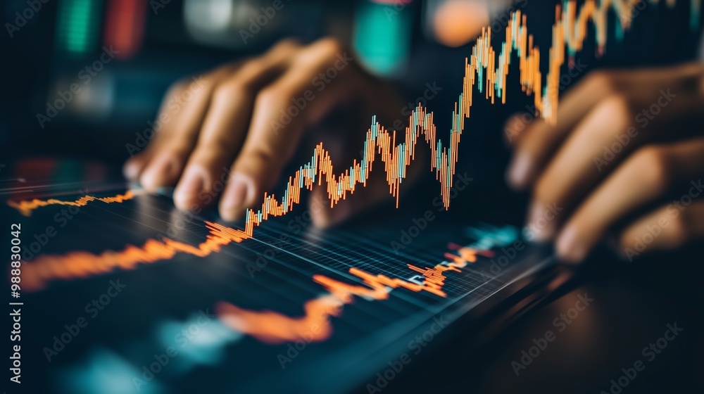 Poster analyzing stock market trends with hands on a digital display showing fluctuating graphs and indicat