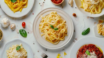 Plates of fettuccine and tagliatelle pasta dishes artfully arranged with various garnishes on a white table.