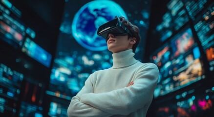 Fototapeta premium An engineer in virtual (augmented) reality goggles looks at a hologram of planet earth and develops an ecological construction concept, zero-waste environmentally friendly production