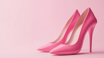 A pair of pink high heels standing on a pastel pink background, representing fashion and femininity.