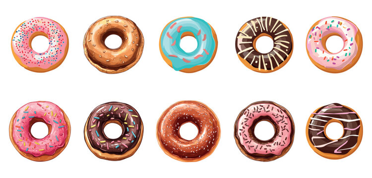 Sweet doughnut set top view. Different glazes and toppings sugar sprinkles. Delicious dessert cakes. Bakery product chocolate vanilla cream. Menu coffee shop decoartion design element Cartoon style