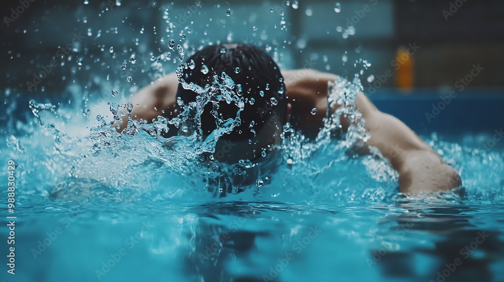 Poster A swimmer powerfully propels himself through the water,  creating a splash of water droplets.