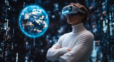 An engineer in virtual (augmented) reality goggles looks at a hologram of planet earth and develops an ecological construction concept, zero-waste environmentally friendly production