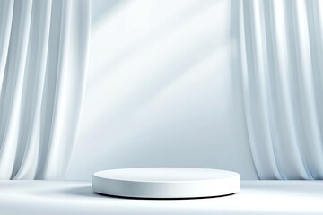 Fototapeta premium Minimalist round podium with soft white curtains in a bright space.