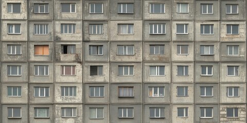 Facade of a Grey Multi-storey Panel building in Russia, Soviet architecture houses