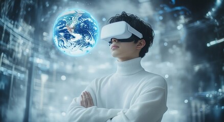 An engineer in virtual (augmented) reality goggles looks at a hologram of planet earth and develops an ecological construction concept, zero-waste environmentally friendly production