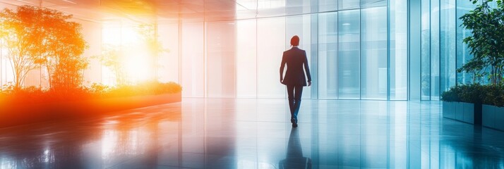 Elegant professional in a sleek business suit, navigating a contemporary office lobby, background softly blurred, showcasing modern design elements.