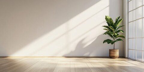 A large potted plant sits in front of a window in a room with white walls. The plant is tall and green, and it is placed on a wooden floor